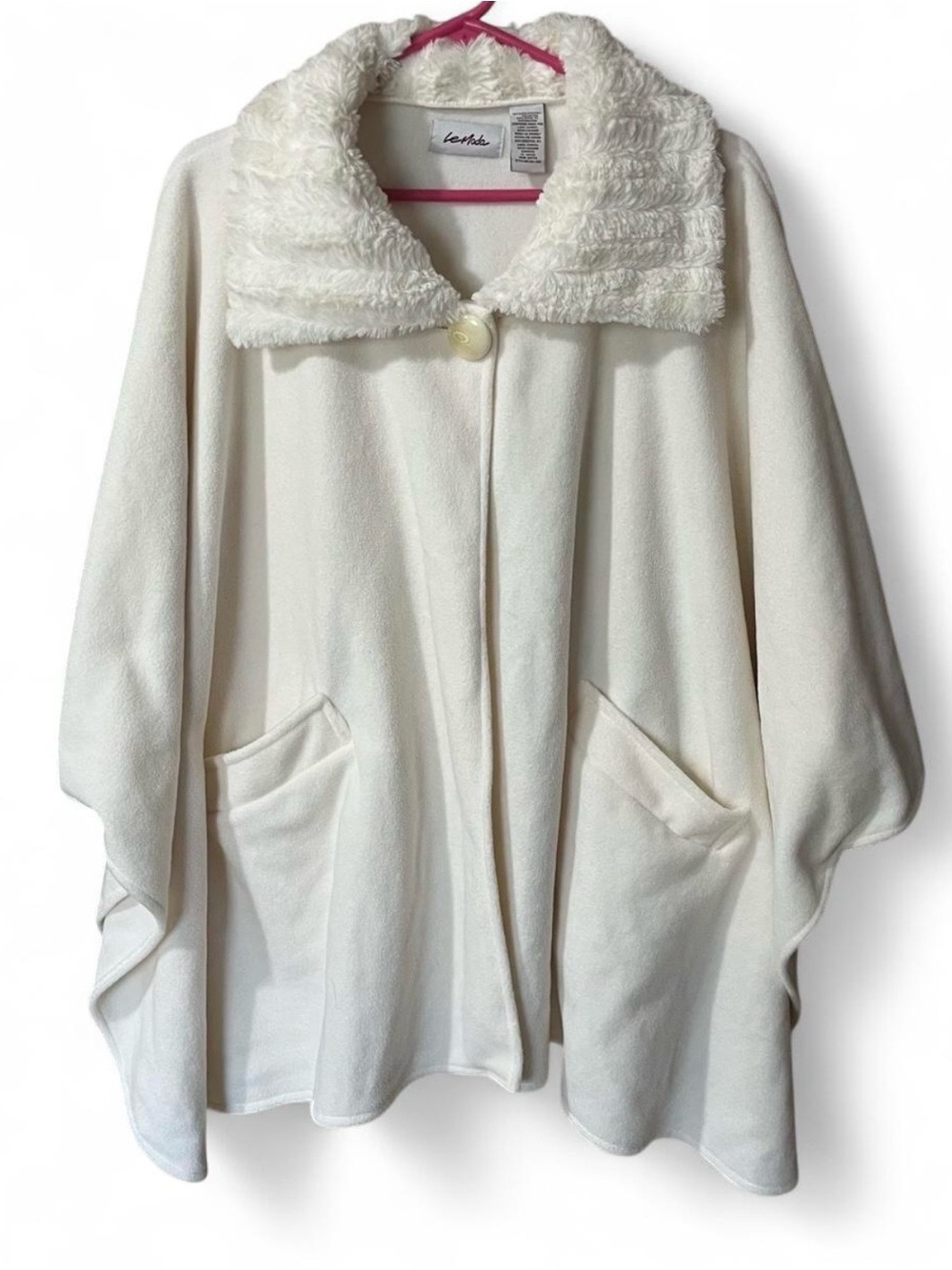 Le Moda White Fleece Poncho Sweater with Faux-Fur Collar